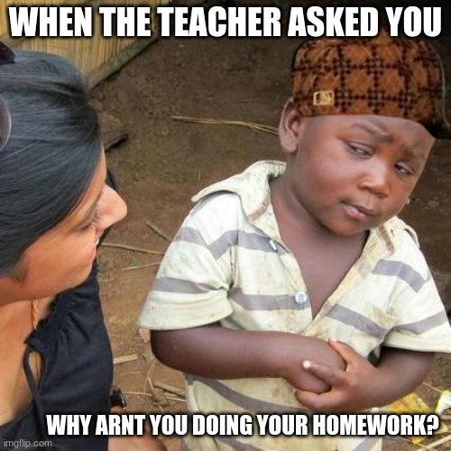 I DONT KNOW | WHEN THE TEACHER ASKED YOU; WHY ARNT YOU DOING YOUR HOMEWORK? | image tagged in memes,third world skeptical kid | made w/ Imgflip meme maker