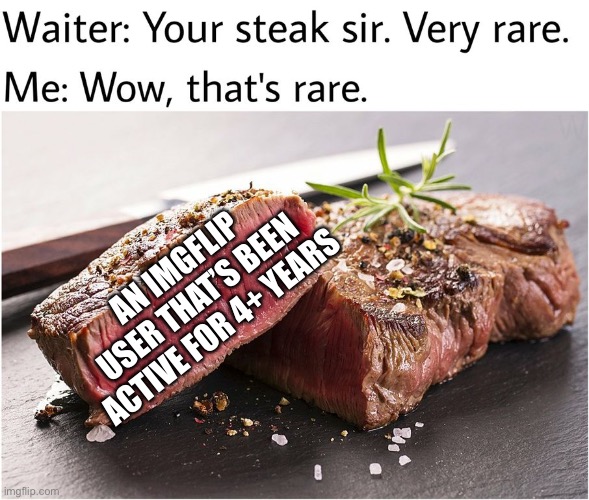 rare steak meme |  AN IMGFLIP USER THAT’S BEEN ACTIVE FOR 4+ YEARS | image tagged in rare steak meme,memes,funny,gifs,cats,pie charts | made w/ Imgflip meme maker