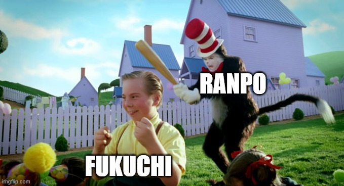 Cat in the hat with a bat. (______ Colorized) | RANPO; FUKUCHI | image tagged in cat in the hat with a bat ______ colorized | made w/ Imgflip meme maker