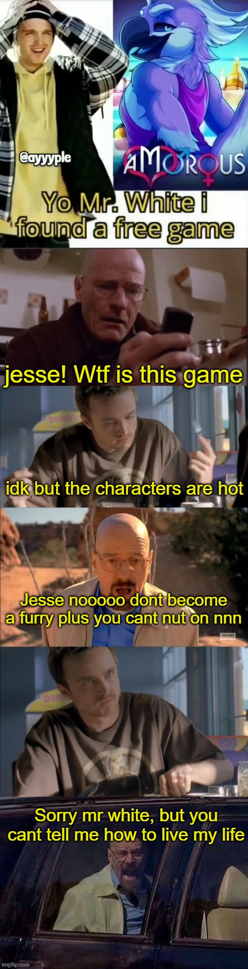 sad story :( | jesse! Wtf is this game; idk but the characters are hot; Jesse nooooo dont become a furry plus you cant nut on nnn; Sorry mr white, but you cant tell me how to live my life | image tagged in yo mr white i found a free game,walter white sad,jesse wtf are you talking about,breaking bad waltuh | made w/ Imgflip meme maker