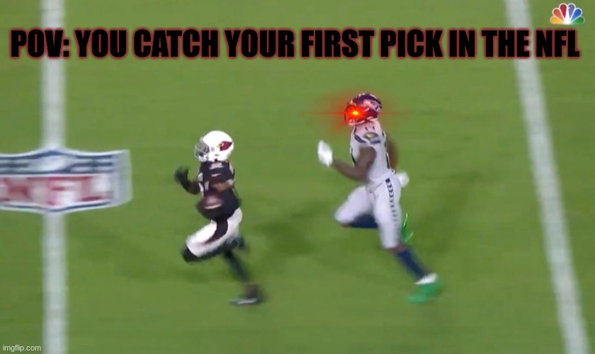 DK Metcalf Runs Down Buddha Baker | POV: YOU CATCH YOUR FIRST PICK IN THE NFL | image tagged in dk metcalf runs down buddha baker | made w/ Imgflip meme maker