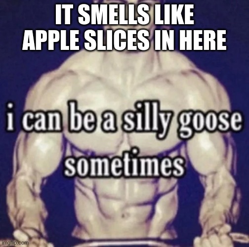 i can be a silly goose sometimes | IT SMELLS LIKE APPLE SLICES IN HERE | image tagged in i can be a silly goose sometimes | made w/ Imgflip meme maker