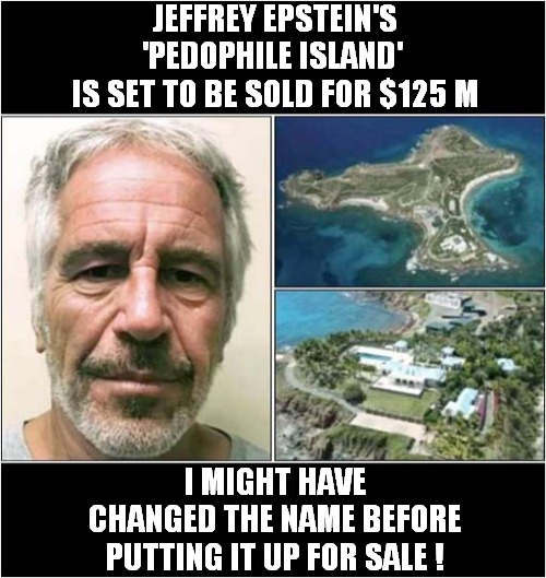 Property Marketing Mistake ? | JEFFREY EPSTEIN'S 'PEDOPHILE ISLAND' 
IS SET TO BE SOLD FOR $125 M; I MIGHT HAVE CHANGED THE NAME BEFORE PUTTING IT UP FOR SALE ! | image tagged in jeffrey epstein,pedophile,island,for sale,dark humour | made w/ Imgflip meme maker