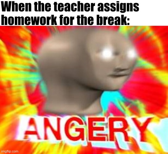 WE DON'T NEED HOMEWORK | When the teacher assigns homework for the break: | image tagged in surreal angery,homework,relatable | made w/ Imgflip meme maker