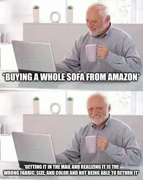 woah its a whole sofa | *BUYING A WHOLE SOFA FROM AMAZON*; *GETTING IT IN THE MAIL AND REALIZING IT IS THE WRONG FABRIC, SIZE, AND COLOR AND NOT BEING ABLE TO RETURN IT* | image tagged in memes,hide the pain harold | made w/ Imgflip meme maker