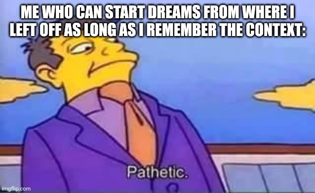 skinner pathetic | ME WHO CAN START DREAMS FROM WHERE I LEFT OFF AS LONG AS I REMEMBER THE CONTEXT: | image tagged in skinner pathetic | made w/ Imgflip meme maker