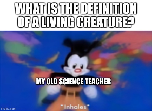 True story | WHAT IS THE DEFINITION OF A LIVING CREATURE? MY OLD SCIENCE TEACHER | image tagged in yakko inhale | made w/ Imgflip meme maker