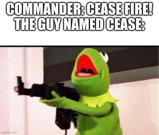 kermit with ak 47 | COMMANDER: CEASE FIRE!
THE GUY NAMED CEASE: | image tagged in kermit with ak 47 | made w/ Imgflip meme maker