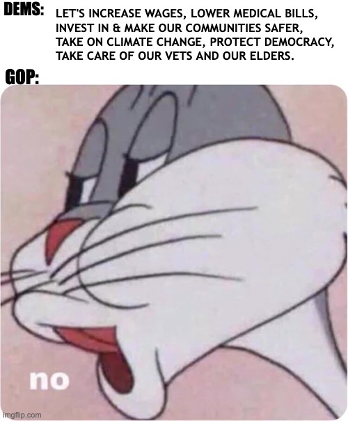 GOP: Party of No | DEMS:; LET'S INCREASE WAGES, LOWER MEDICAL BILLS, 
INVEST IN & MAKE OUR COMMUNITIES SAFER, 
TAKE ON CLIMATE CHANGE, PROTECT DEMOCRACY, 
TAKE CARE OF OUR VETS AND OUR ELDERS. GOP: | image tagged in bugs bunny no | made w/ Imgflip meme maker