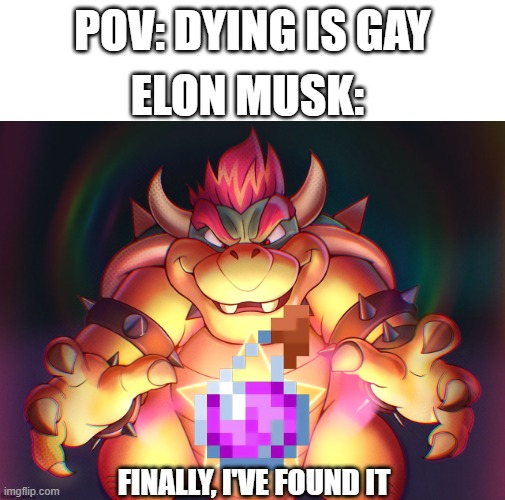 POV: DYING IS GAY; ELON MUSK:; FINALLY, I'VE FOUND IT | image tagged in bowser,elon musk,gay jokes,dying | made w/ Imgflip meme maker