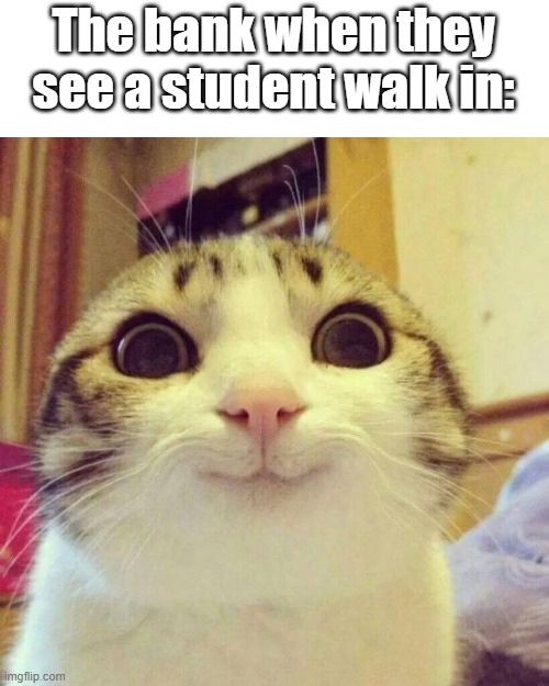 College and the bank don't mix well | The bank when they see a student walk in: | image tagged in memes,smiling cat,college,bank | made w/ Imgflip meme maker