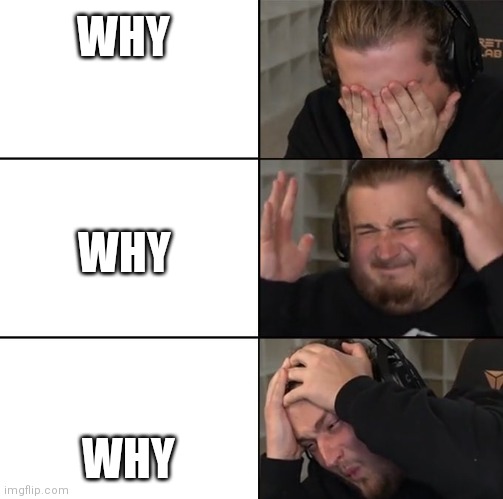 Purplecliff pain | WHY WHY WHY | image tagged in purplecliff pain | made w/ Imgflip meme maker