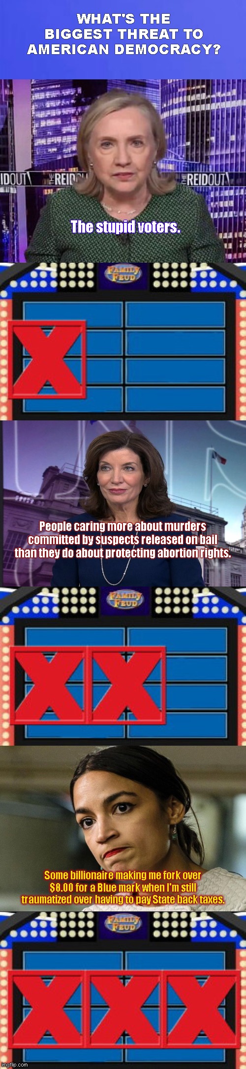 Democrat Women on Family Feud | WHAT'S THE BIGGEST THREAT TO AMERICAN DEMOCRACY? The stupid voters. People caring more about murders committed by suspects released on bail than they do about protecting abortion rights. Some billionaire making me fork over $8.00 for a Blue mark when I'm still traumatized over having to pay State back taxes. | image tagged in family feud 3 strikes,hillary clinton,kathy hochul,crazy alexandria ocasio-cortez,aoc,twitter whine | made w/ Imgflip meme maker