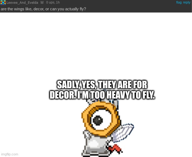 Bb melm Q/A 3! | SADLY, YES, THEY ARE FOR DECOR. I'M TOO HEAVY TO FLY. | image tagged in blank white template | made w/ Imgflip meme maker