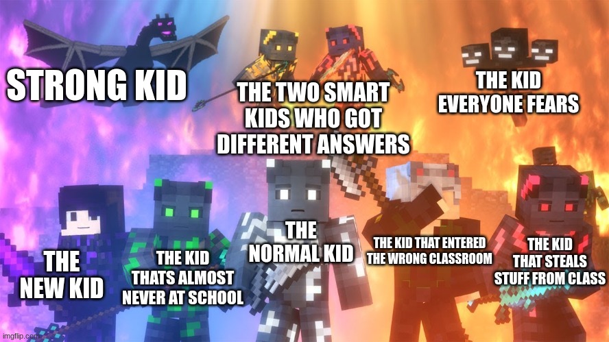 School of war season 2 #5. A normal class | STRONG KID; THE KID EVERYONE FEARS; THE TWO SMART KIDS WHO GOT DIFFERENT ANSWERS; THE NORMAL KID; THE KID THAT STEALS STUFF FROM CLASS; THE KID THAT ENTERED THE WRONG CLASSROOM; THE KID THATS ALMOST NEVER AT SCHOOL; THE NEW KID | image tagged in school of war | made w/ Imgflip meme maker