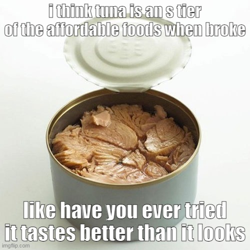 toona | i think tuna is an s tier of the affordable foods when broke; like have you ever tried it tastes better than it looks | made w/ Imgflip meme maker