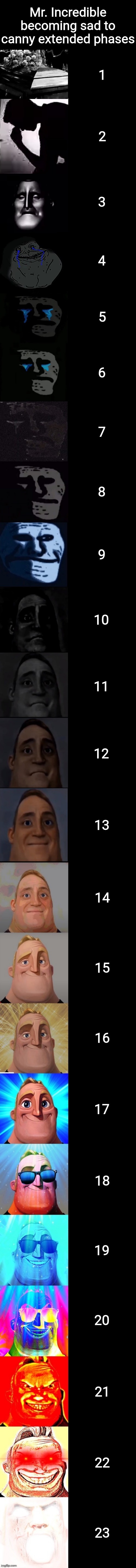 Mr. Incredible becoming sad to canny numbers of phases | Mr. Incredible becoming sad to canny extended phases; 1; 2; 3; 4; 5; 6; 7; 8; 9; 10; 11; 12; 13; 14; 15; 16; 17; 18; 19; 20; 21; 22; 23 | image tagged in mr incredible becoming sad to canny extended,numbers of phases,tmdf sucks | made w/ Imgflip meme maker