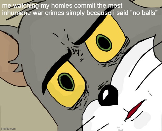 the what.... | me watching my homies commit the most inhumane war crimes simply because i said "no balls" | image tagged in memes,unsettled tom | made w/ Imgflip meme maker