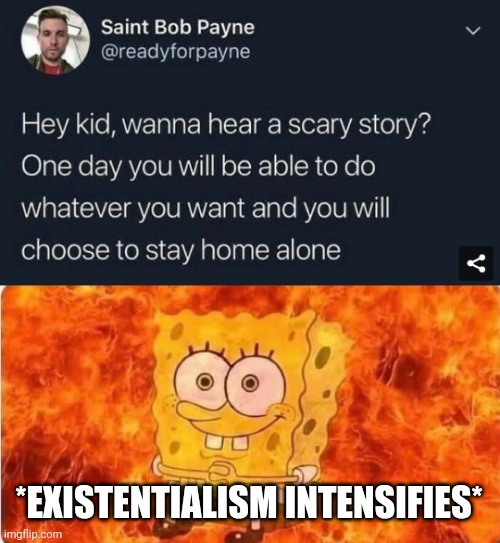 \(●_○)/ | *EXISTENTIALISM INTENSIFIES* | image tagged in spongebob in flames,existentialism,oh no,memes,meme | made w/ Imgflip meme maker