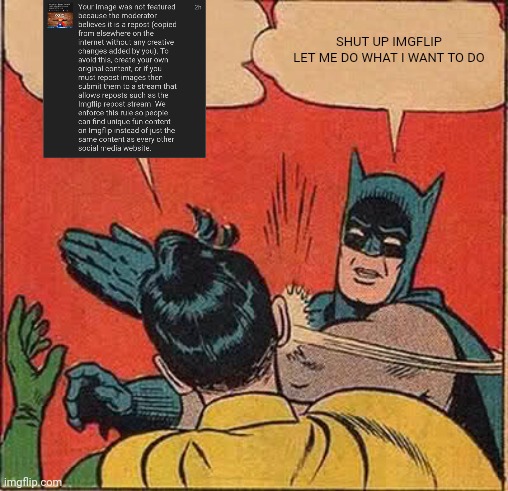 We Can All Relate... screw moderators | SHUT UP IMGFLIP

LET ME DO WHAT I WANT TO DO | image tagged in memes,relatable,imgflip,batman slapping robin,moderators | made w/ Imgflip meme maker