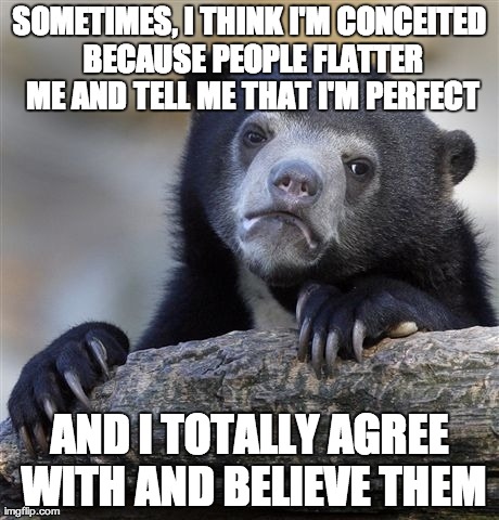 Confession Bear Meme | SOMETIMES, I THINK I'M CONCEITED BECAUSE PEOPLE FLATTER ME AND TELL ME THAT I'M PERFECT AND I TOTALLY AGREE WITH AND BELIEVE THEM | image tagged in memes,confession bear,AdviceAnimals | made w/ Imgflip meme maker