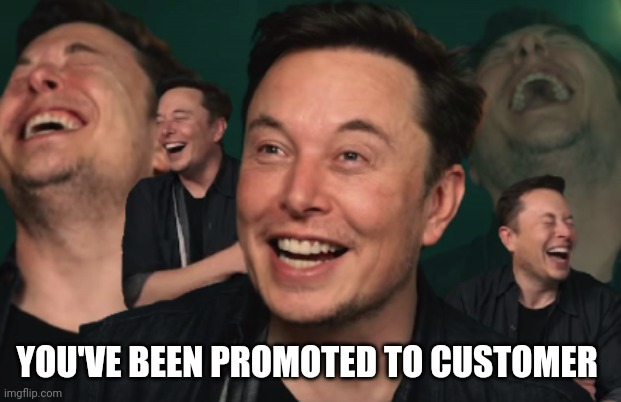 Elon Musk Laughing | YOU'VE BEEN PROMOTED TO CUSTOMER | image tagged in elon musk laughing | made w/ Imgflip meme maker