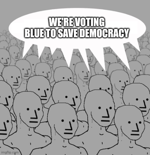 Npc | WE'RE VOTING BLUE TO SAVE DEMOCRACY | image tagged in npc | made w/ Imgflip meme maker