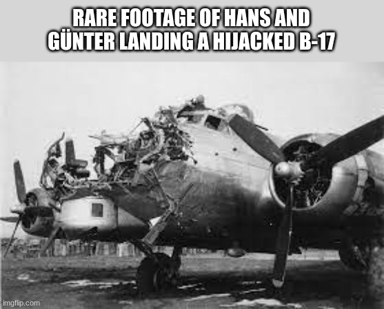 [cool title] <3 | RARE FOOTAGE OF HANS AND GÜNTER LANDING A HIJACKED B-17 | image tagged in hans,gunter,flying fortress,ww2,memes | made w/ Imgflip meme maker