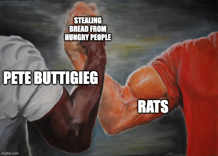 Hand clasping | STEALING BREAD FROM HUNGRY PEOPLE; PETE BUTTIGIEG; RATS | image tagged in hand clasping | made w/ Imgflip meme maker
