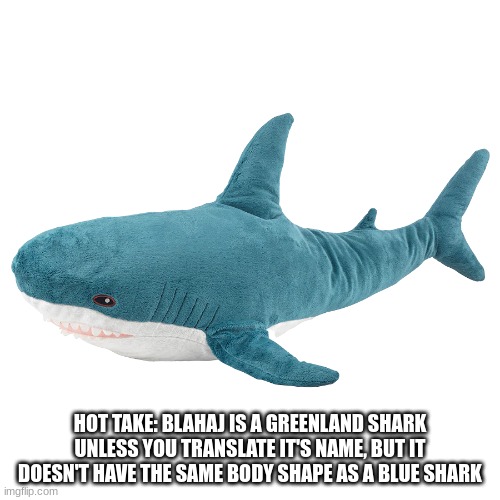 Blahåj | HOT TAKE: BLAHAJ IS A GREENLAND SHARK
UNLESS YOU TRANSLATE IT'S NAME, BUT IT DOESN'T HAVE THE SAME BODY SHAPE AS A BLUE SHARK | image tagged in blah j | made w/ Imgflip meme maker