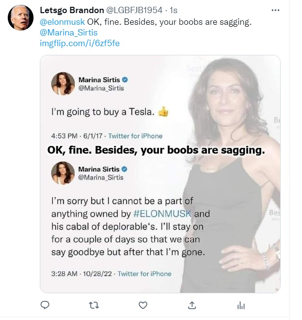 Letsgo Brandon Marina Sirtis tweet | image tagged in let's go brandon,marina sirtis,saggy boobs,congratulations you played yourself,delusional,bitches be like | made w/ Imgflip meme maker