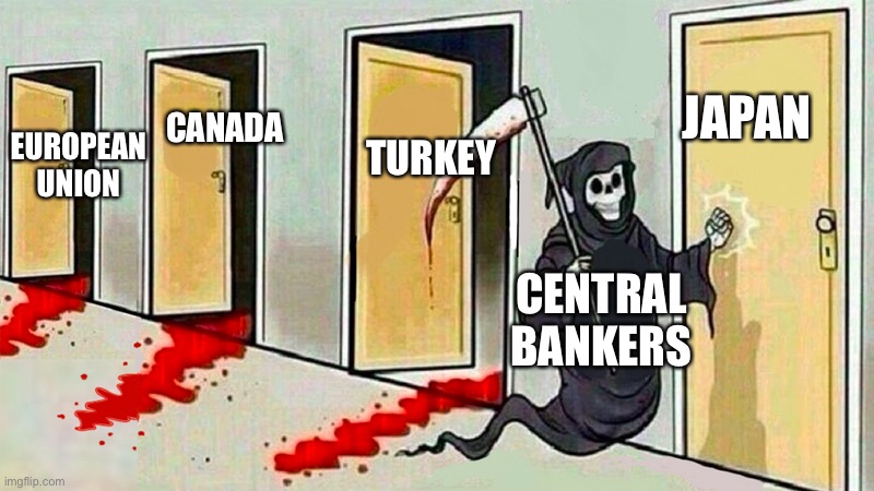 Central Banks | JAPAN; TURKEY; CANADA; EUROPEAN UNION; CENTRAL BANKERS | image tagged in death knocking at the door,economics,federal reserve,banks | made w/ Imgflip meme maker