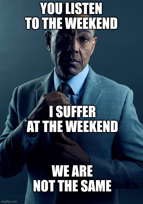 We Are Not the Same | YOU LISTEN TO THE WEEKEND; I SUFFER AT THE WEEKEND; WE ARE NOT THE SAME | image tagged in gus fring we are not the same | made w/ Imgflip meme maker