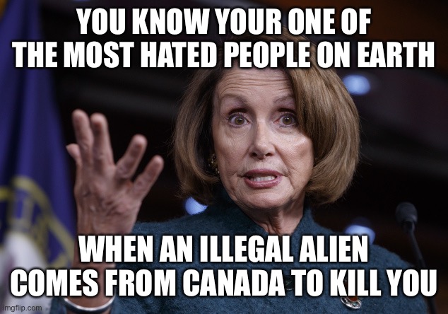 Eh, |  YOU KNOW YOUR ONE OF THE MOST HATED PEOPLE ON EARTH; WHEN AN ILLEGAL ALIEN COMES FROM CANADA TO KILL YOU | image tagged in good old nancy pelosi,facts,so true | made w/ Imgflip meme maker