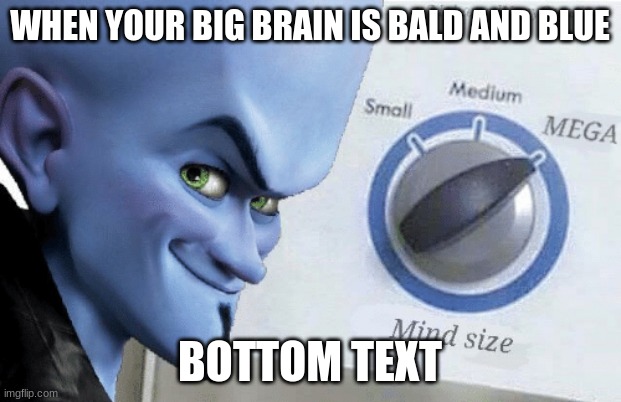 big brain blue bald boi | WHEN YOUR BIG BRAIN IS BALD AND BLUE; BOTTOM TEXT | image tagged in mind size mega | made w/ Imgflip meme maker