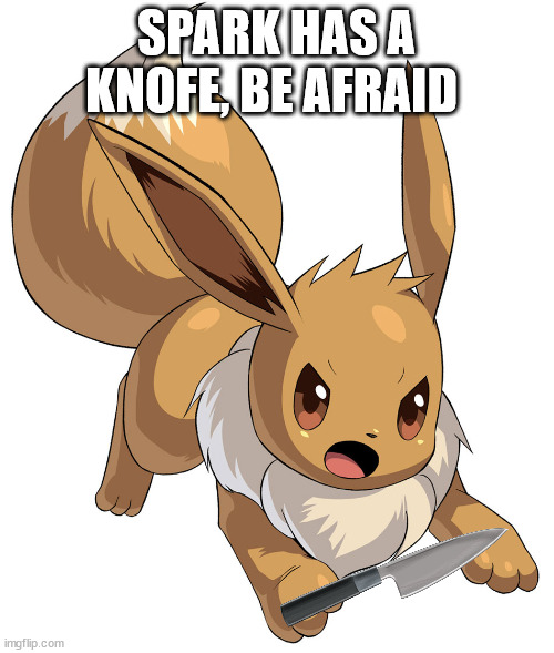 Angry Eevee | SPARK HAS A KNOFE, BE AFRAID | image tagged in angry eevee | made w/ Imgflip meme maker