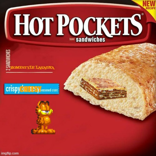 if hot pockets had more new flavors | HOMESTYLE LASAGNA; CHEESY | image tagged in hot pockets box,garfield,lasagna,food,fake,cats | made w/ Imgflip meme maker