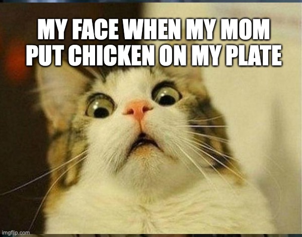 Scaredy cat vs. Chicken | MY FACE WHEN MY MOM PUT CHICKEN ON MY PLATE | image tagged in scared cat | made w/ Imgflip meme maker