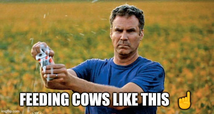 Will Ferrell Beer Meme | FEEDING COWS LIKE THIS  ☝️ | image tagged in will ferrell beer meme | made w/ Imgflip meme maker