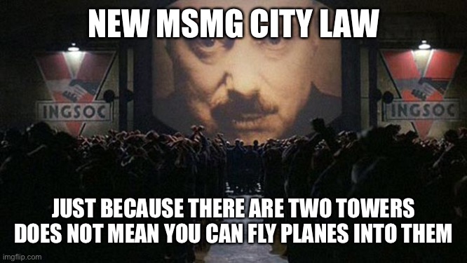 1984 | NEW MSMG CITY LAW; JUST BECAUSE THERE ARE TWO TOWERS DOES NOT MEAN YOU CAN FLY PLANES INTO THEM | image tagged in 1984 | made w/ Imgflip meme maker