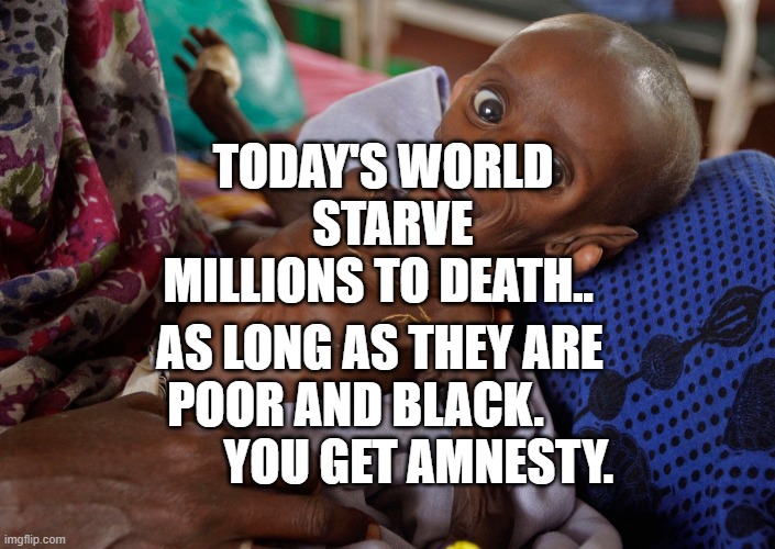 covid kid | TODAY'S WORLD   STARVE MILLIONS TO DEATH.. AS LONG AS THEY ARE POOR AND BLACK.               YOU GET AMNESTY. | image tagged in covid kid | made w/ Imgflip meme maker