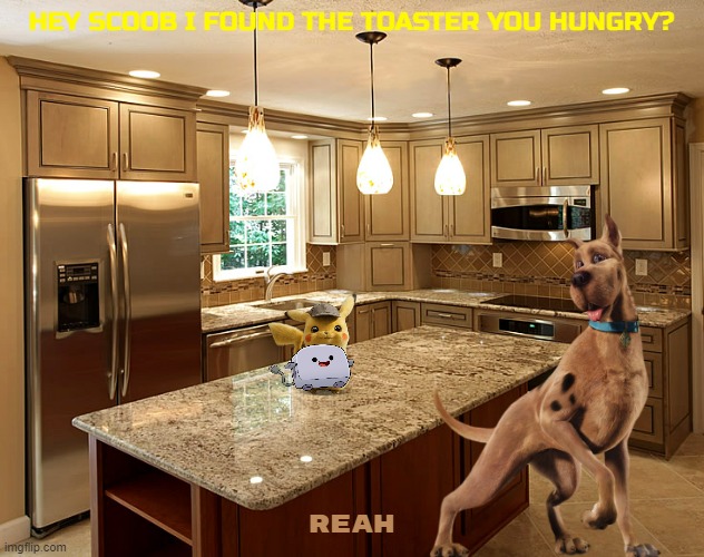 breakfast with buddies | HEY SCOOB I FOUND THE TOASTER YOU HUNGRY? REAH | image tagged in kitchen,warner bros,dogs,buddies,mice | made w/ Imgflip meme maker