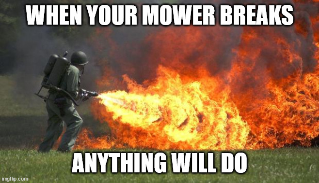 flamethrower | WHEN YOUR MOWER BREAKS; ANYTHING WILL DO | image tagged in flamethrower | made w/ Imgflip meme maker