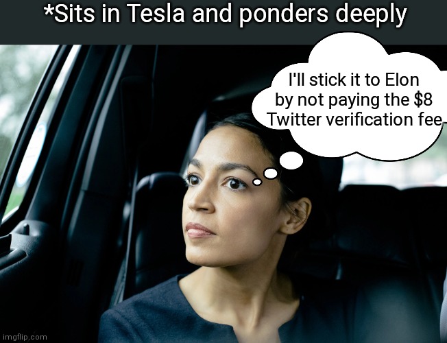 That will teach that pesky billionaire | *Sits in Tesla and ponders deeply; I'll stick it to Elon
by not paying the $8
Twitter verification fee | image tagged in alexandria ocasio-cortez,democrats,twitter,aoc,elon musk | made w/ Imgflip meme maker