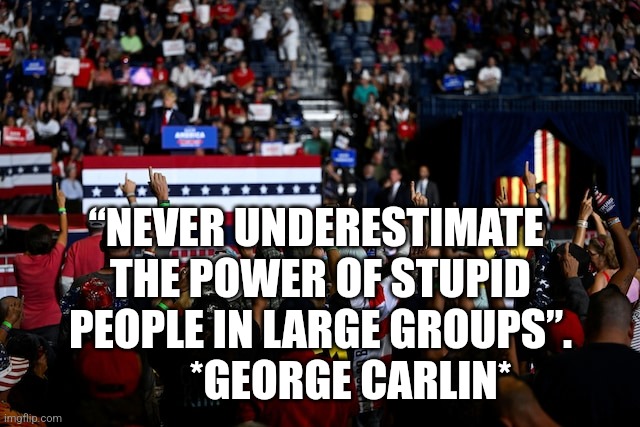 maga Crowd | “NEVER UNDERESTIMATE 
THE POWER OF STUPID
PEOPLE IN LARGE GROUPS”.
       *GEORGE CARLIN* | image tagged in stupid,ignorance,cult,dump trump,con man | made w/ Imgflip meme maker