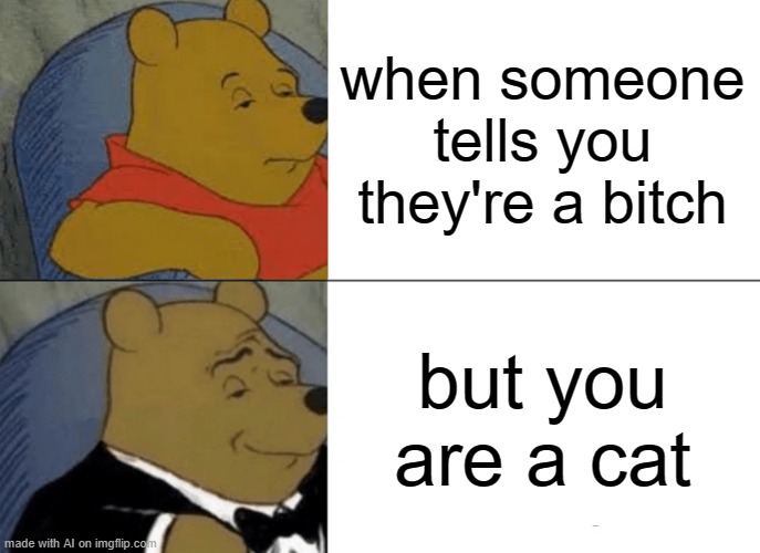 Tuxedo Winnie The Pooh | when someone tells you they're a bitch; but you are a cat | image tagged in memes,tuxedo winnie the pooh | made w/ Imgflip meme maker