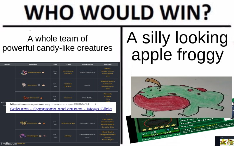 doodle world really do be like that tho | A whole team of powerful candy-like creatures; A silly looking apple froggy | image tagged in who would win | made w/ Imgflip meme maker