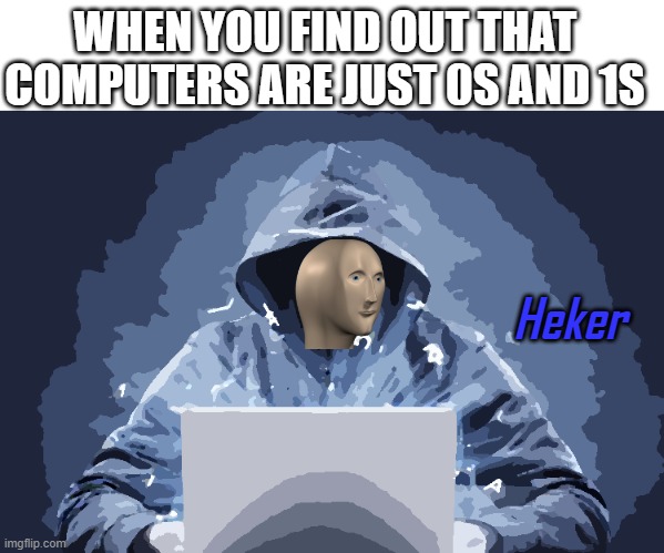 Anyone else like this, or just me? | WHEN YOU FIND OUT THAT COMPUTERS ARE JUST 0S AND 1S | image tagged in heker | made w/ Imgflip meme maker
