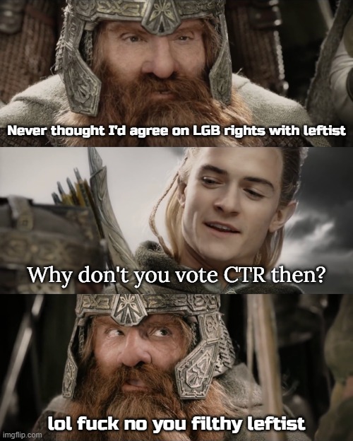 Aye, I Could Do That Blank | Never thought I'd agree on LGB rights with leftist Why don't you vote CTR then? lol fuck no you filthy leftist | image tagged in aye i could do that blank | made w/ Imgflip meme maker