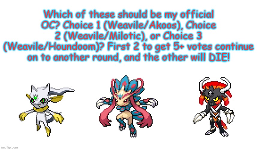 U MUST CHOOSE ONE AND ONE ONLY!!! | Which of these should be my official OC? Choice 1 (Weavile/Akoos), Choice 2 (Weavile/Milotic), or Choice 3 (Weavile/Houndoom)? First 2 to get 5+ votes continue on to another round, and the other will DIE! | made w/ Imgflip meme maker